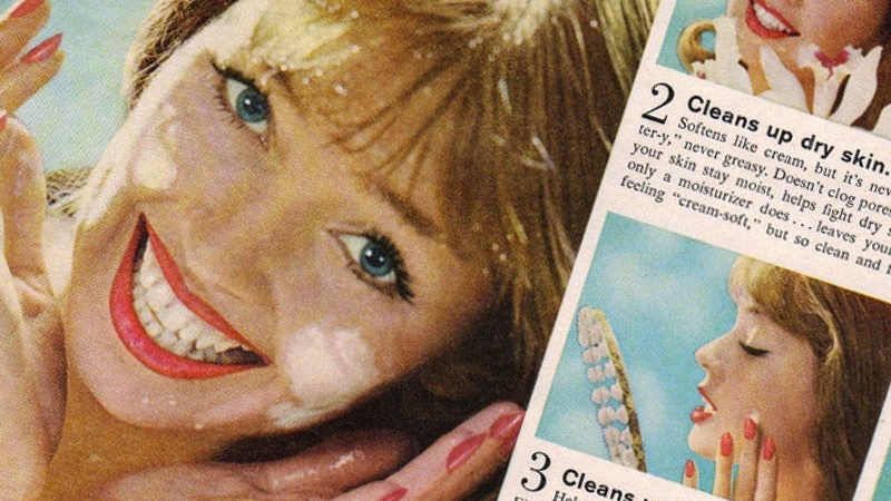 wycinek retro reklamy prasowej, reklamującej produkt do mycia twarzy
