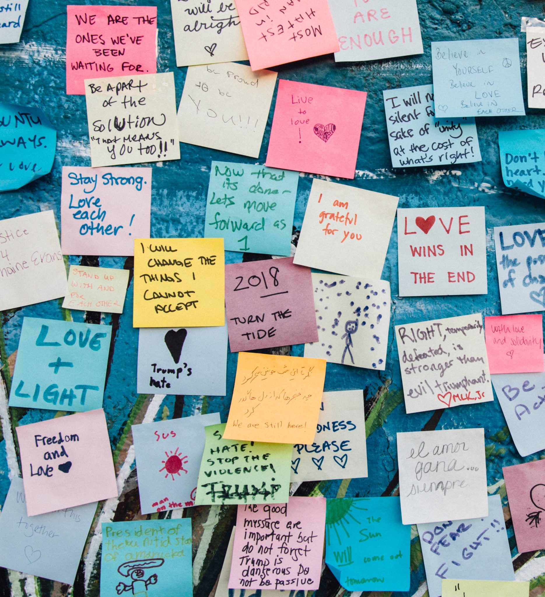 ściana zaklejona małymi biurowym karterczkami z napisami love, love trumps hate, peace, etc.